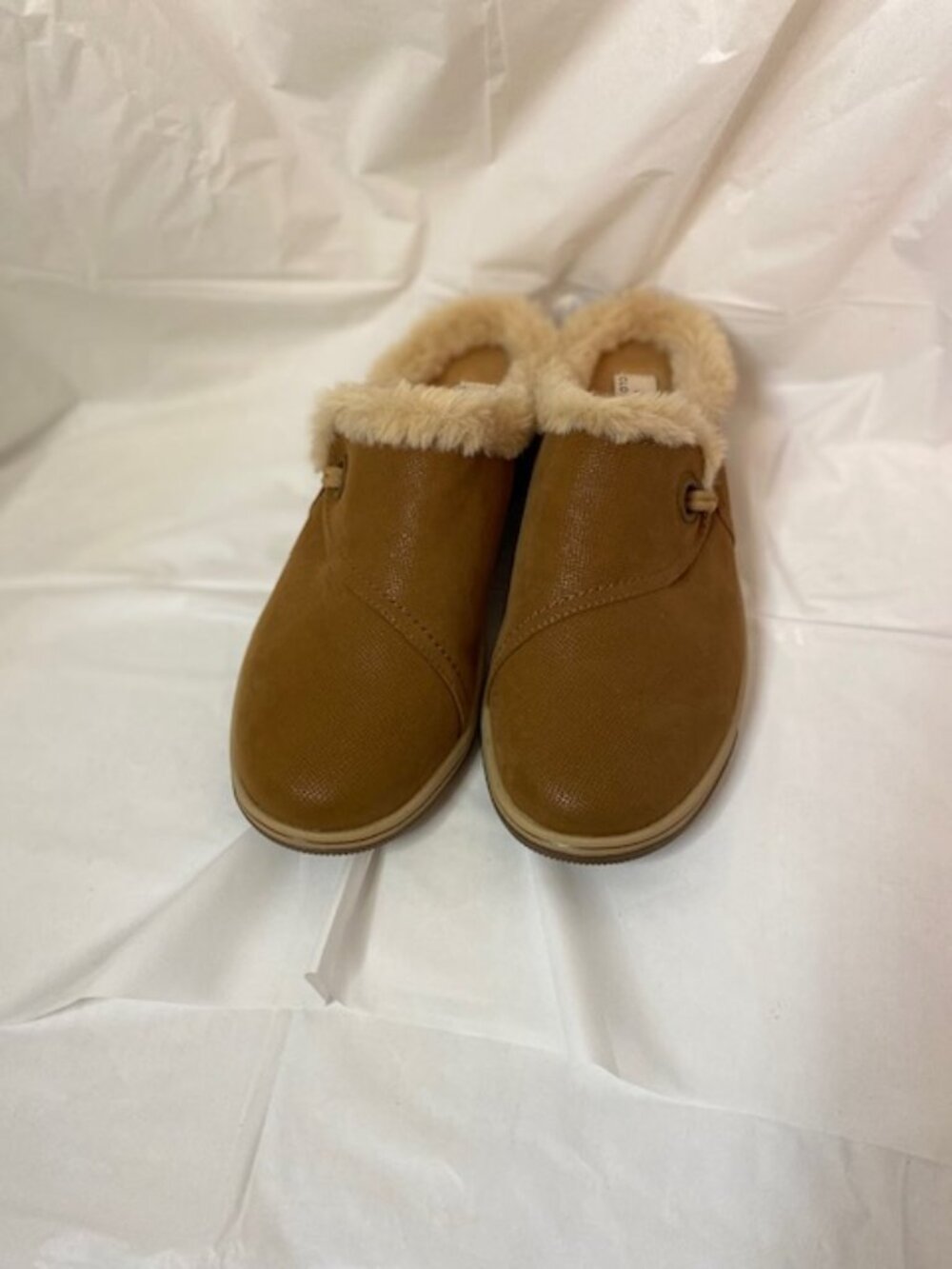 Clarks Cloudsteppers Breeze Myth Mules Clogs Faux-Fur Trim Dark Tan Women's 8M
